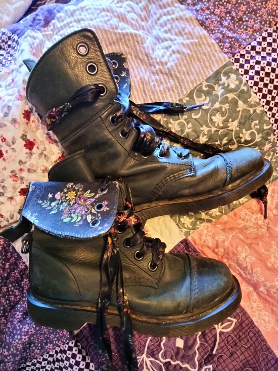Dr. Martens Shoes - Dark Teal Convertible Floral-Lined Lace-Up Combat Boots By Doc Martens